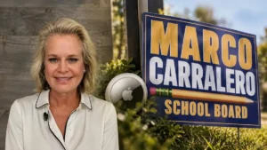 The image shows a person standing next to a campaign sign for "Marco Carralero School Board."