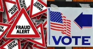 The image shows a "Fraud Alert" sign alongside a "Vote" sign with an American flag, highlighting concerns about voting integrity.