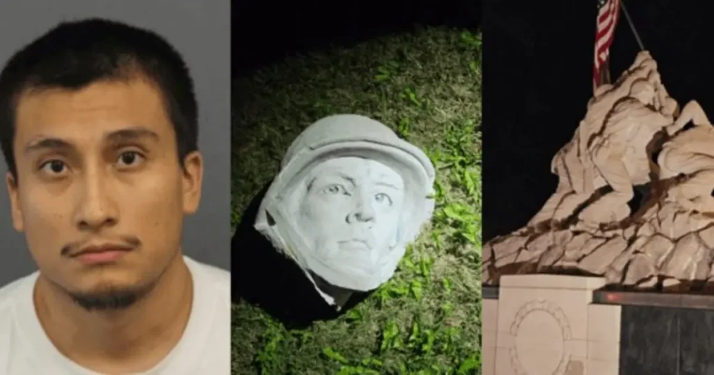 The news photo shows a mugshot of a man alongside images of a vandalized statue and a damaged monument.