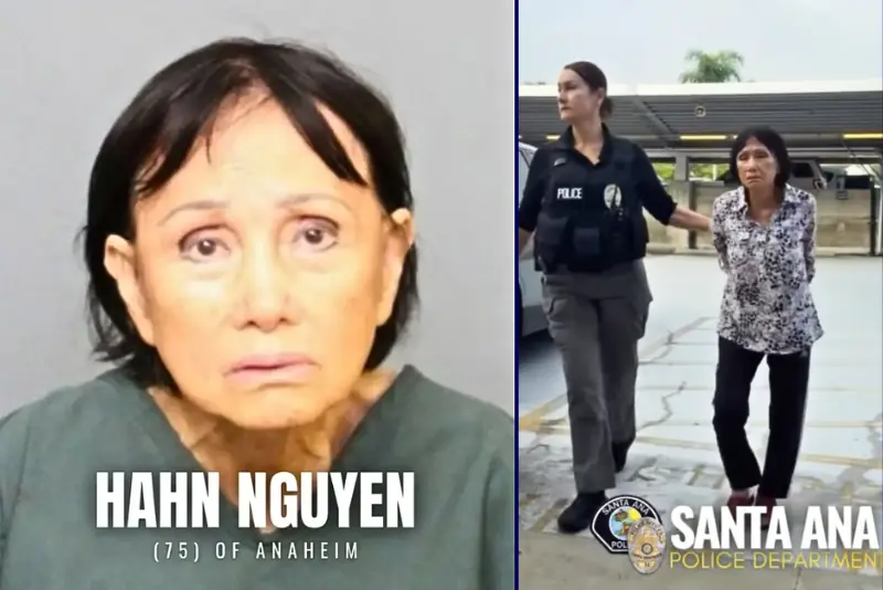 The image shows Hahn Nguyen, a 75-year-old woman from Anaheim, being escorted by a police officer from the Santa Ana Police Department.