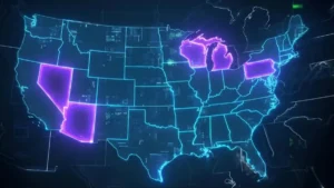 The image shows a map of the United States with certain states highlighted in purple, possibly indicating a specific region or area of focus.
