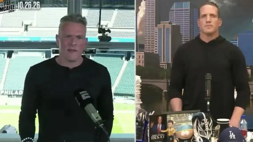 The image shows two individuals standing at podiums with microphones, one in front of a stadium and the other in front of a cityscape backdrop.
