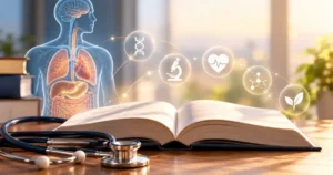 The image depicts a medical textbook with a stethoscope, surrounded by holographic icons representing various medical and biological concepts such as the human body, DNA, a microscope, a heart, a molecule, and a leaf.