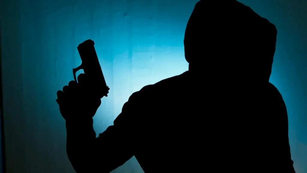 The silhouette of a person holding a gun is depicted against a blue-lit background, creating a dramatic and tense atmosphere.