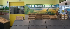 The image shows an empty produce section in a grocery store with wooden crates and price tags on the wall.