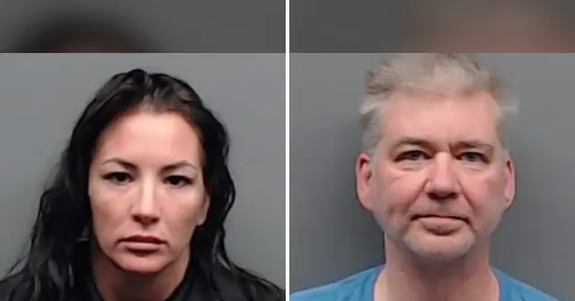 The image shows two individuals in mugshots, one with long dark hair and the other with short gray hair.