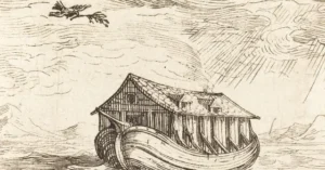 The image depicts a sketch of a wooden structure, possibly a boat or a house, amidst turbulent clouds and rain, suggesting a stormy or dramatic scene.