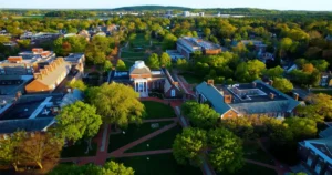 The image shows an aerial view of a university campus with red-brick buildings and green lawns, surrounded by trees and a distant view of the surrounding area.
