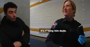 The image shows two individuals in a setting that appears to be an indoor sports facility, with one person wearing a uniform and the other in casual attire. The text overlay on the image reads, "It's f**king him dude."
