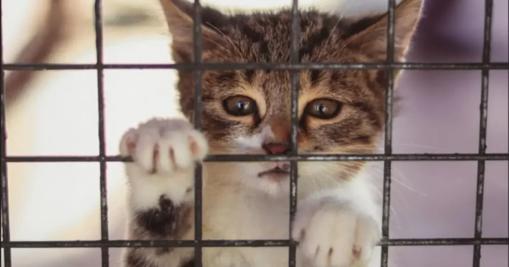 A kitten with a curious expression peers through the bars of a cage.