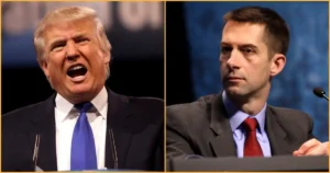 The image shows two individuals, one speaking passionately and the other listening attentively, likely during a formal debate or discussion.