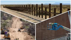 The image shows the construction and maintenance of a border fence in a desert landscape.