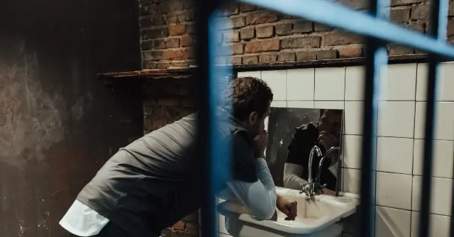 A man is seen leaning over a sink in a dimly lit, rustic bathroom, appearing to be in deep thought or contemplation.