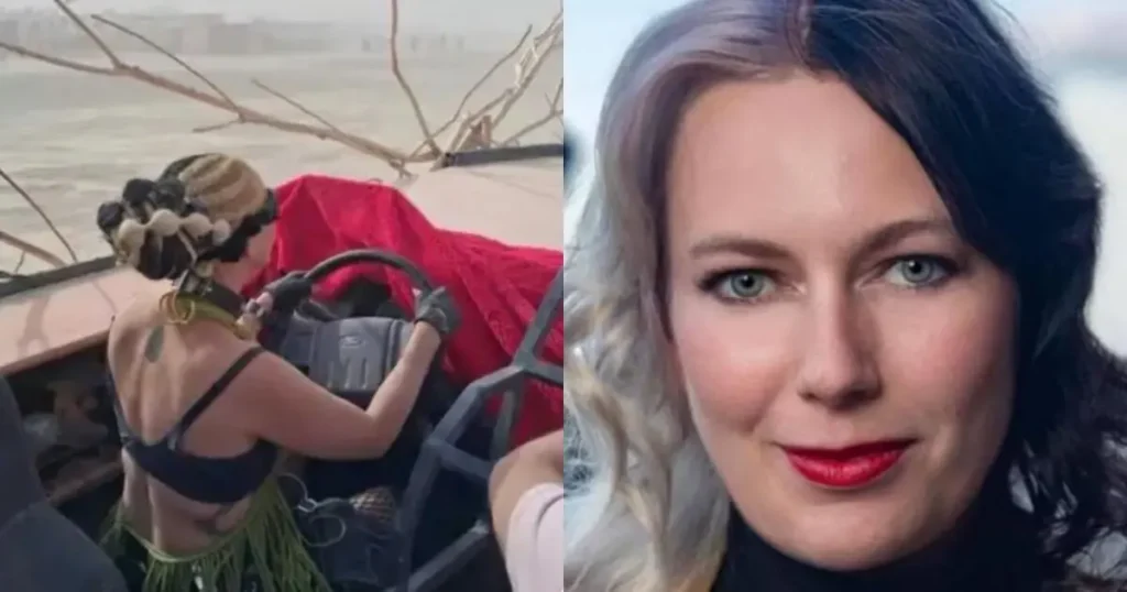The image shows a woman driving a boat in a flooded area, with another woman smiling in a separate close-up shot.