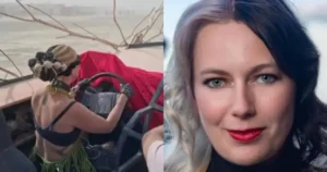 The image shows a woman driving a boat in a flooded area, with another woman smiling in a separate close-up shot.