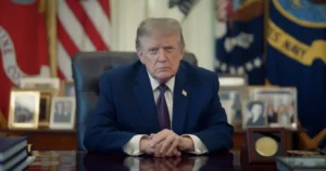 The image shows a person in a formal setting, seated at a desk with a backdrop of American flags and military insignias, suggesting a formal or official environment.