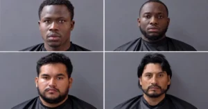 The image shows four men in a collage, each wearing a black barber cape, with different hairstyles and facial hair.