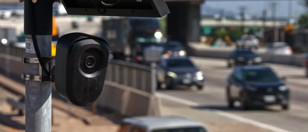 A traffic camera is mounted on a pole, monitoring a busy highway with multiple lanes of moving vehicles.