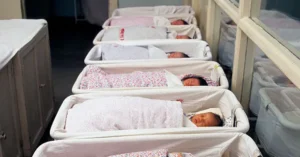The image shows a row of newborn babies wrapped in blankets and sleeping in individual cribs in a hospital setting.