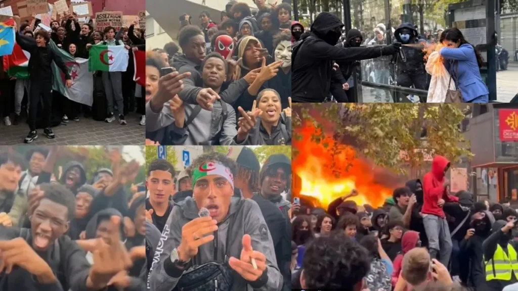 The image depicts a group of people gathered in a public space, some holding flags and others appearing to be involved in a protest or demonstration, with one individual holding a flare.
