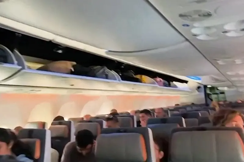 The image shows the interior of an airplane with passengers seated, and the overhead compartment is open, revealing luggage and personal items inside.