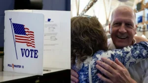 The image shows a polling station with a "Vote" sign and an individual embracing another person, possibly celebrating or expressing gratitude.