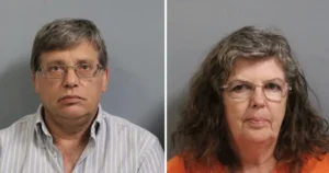 The image shows two individuals in mugshot-style photographs, one wearing a striped shirt and the other in an orange garment.