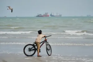 A child pushes a bicycle along the shoreline, with waves gently lapping at the beach and ships visible on the horizon.