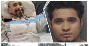 The image shows two individuals, one in a hospital bed with medical equipment and the other in a mugshot, suggesting a connection between the two.