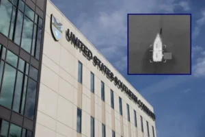 The image shows the United States Southern Command building with a small inset image of a mysterious object in the sky.