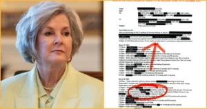 The image shows a news photo with a document detailing a chronology of phone calls and interactions involving a person named Wiles, dated March 7 and 8, 2023.