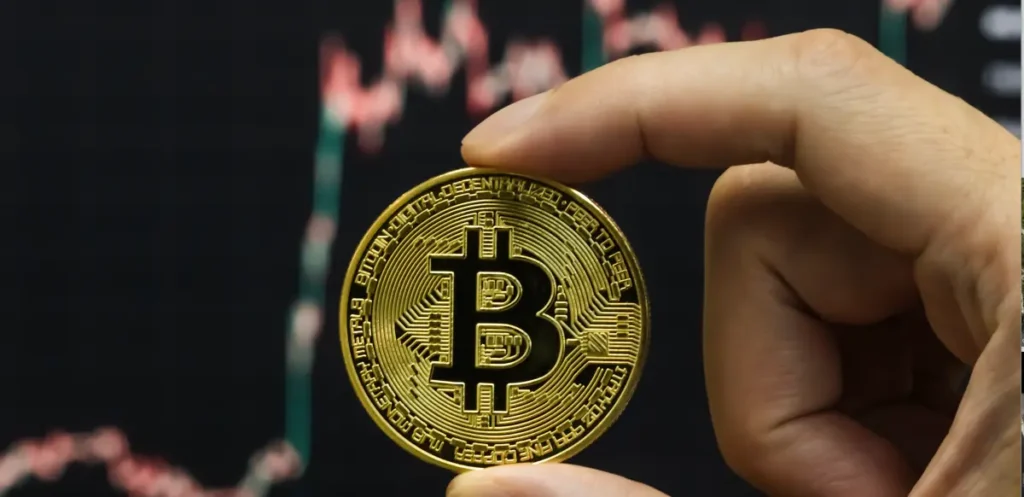 A hand holds a gold Bitcoin coin in front of a background featuring a cryptocurrency chart.