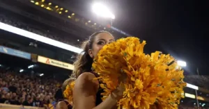 A cheerleader holds large yellow pom-poms in front of a cheering crowd at a nighttime sports event.