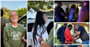 The news photo depicts individuals being escorted by law enforcement officers in various outdoor settings.