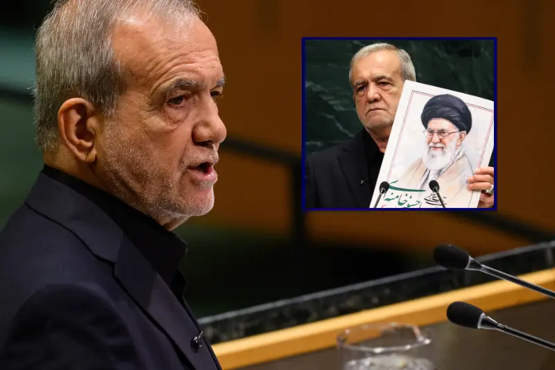 The image shows a man speaking at a podium, with a smaller inset image of another man holding a portrait of a religious leader.