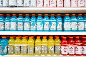 The image shows a shelf stocked with various flavors of Gatorade sports drinks in blue, yellow, and red bottles.