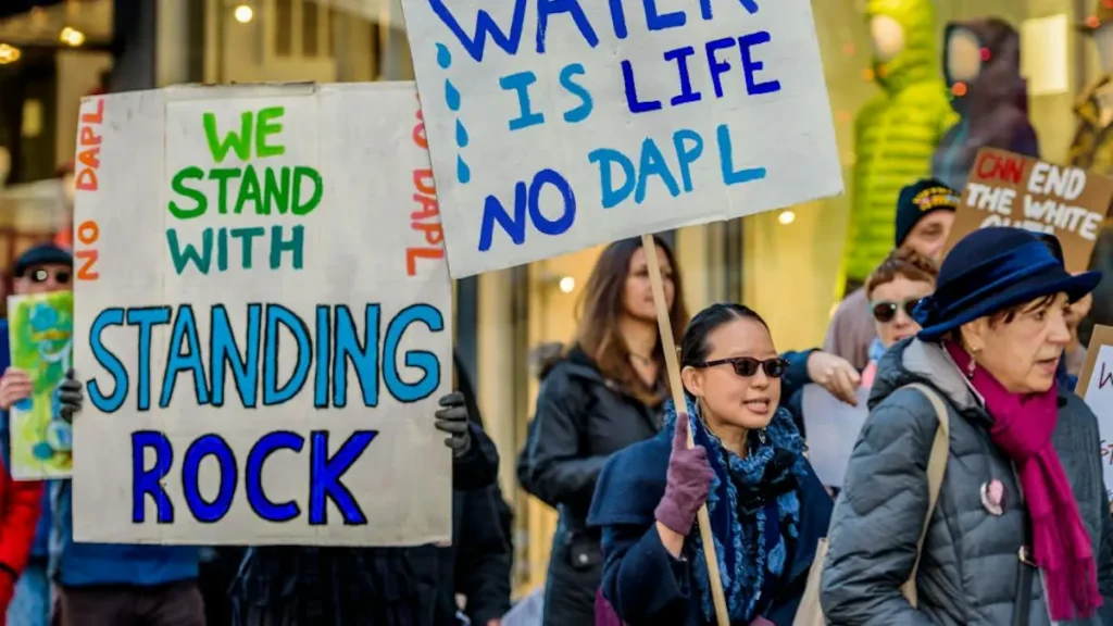 Protesters hold signs supporting the Standing Rock movement and advocating for the protection of water and the environment.