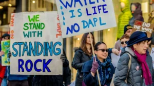 Protesters hold signs supporting the Standing Rock movement and advocating for the protection of water and the environment.