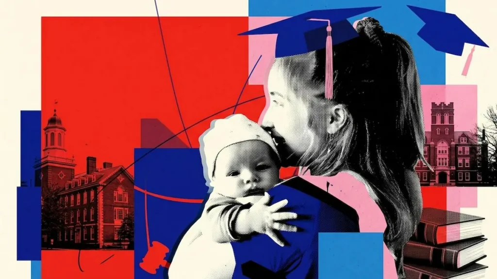 The image depicts a woman holding a baby, with a graduation cap and academic buildings in the background, symbolizing the balance between family and education.