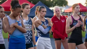 A group of young female athletes stand together, possibly during a pre-race moment, with some wearing athletic gear and others in casual attire.