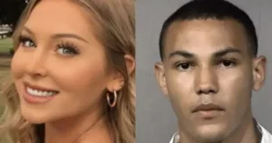 The image shows two individuals, one smiling and the other in a mugshot style, suggesting a contrast between a public figure and a legal situation.