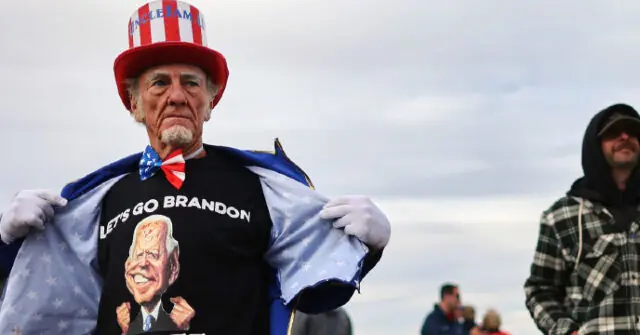 The photo shows a person wearing patriotic attire, including an Uncle Sam hat and a shirt with the phrase "Let's Go Brandon" and an image of Joe Biden, standing outdoors with others in the background.