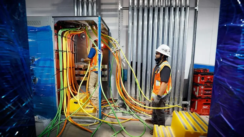 Two workers in safety gear are seen organizing and inspecting a large electrical panel with numerous cables and conduits.