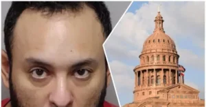 The image juxtaposes a close-up of a person with a background of the Texas State Capitol building.