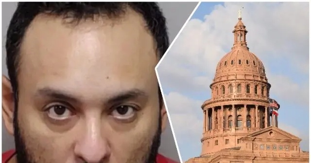 The image juxtaposes a close-up of a person with a background of the Texas State Capitol building.