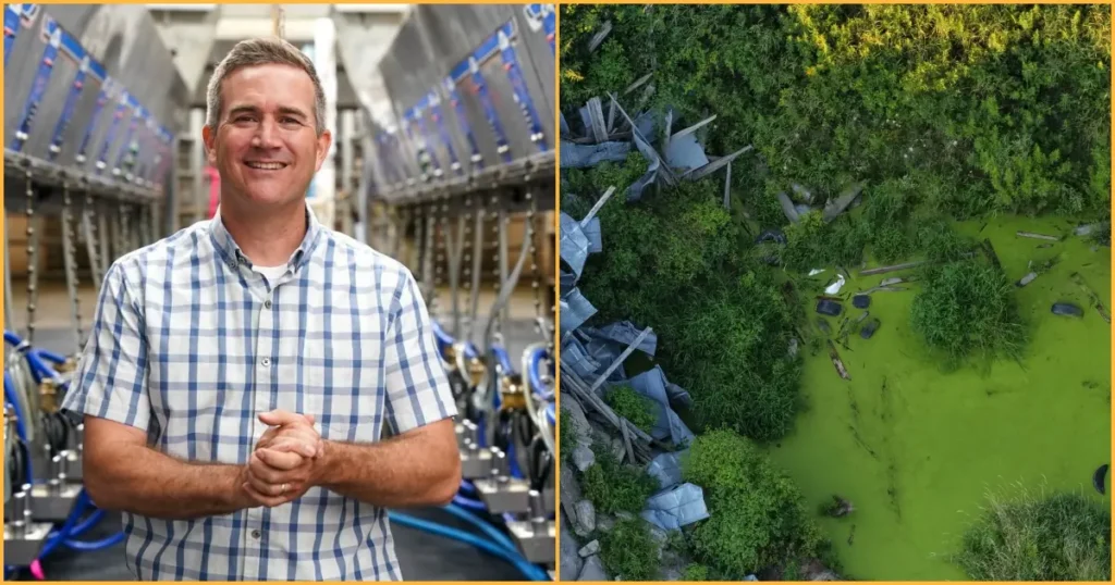 The image shows a man in a checkered shirt standing in front of a large industrial setup, juxtaposed with an aerial view of a flooded area with debris and green algae.