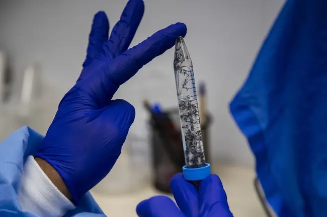 A scientist in blue gloves holds a test tube containing a clear liquid and small particles, suggesting a laboratory setting.