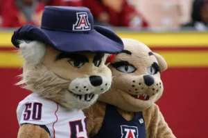 Two university mascots, one wearing a cowboy hat and the other in a sports jersey, pose together on a field.