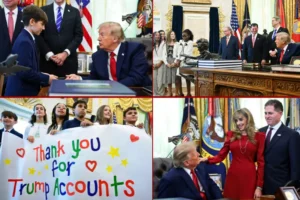 The collage of images shows various interactions and events involving a prominent figure, including a child presenting a sign, a group of people gathered around a desk, and a woman in a red dress interacting with the figure.