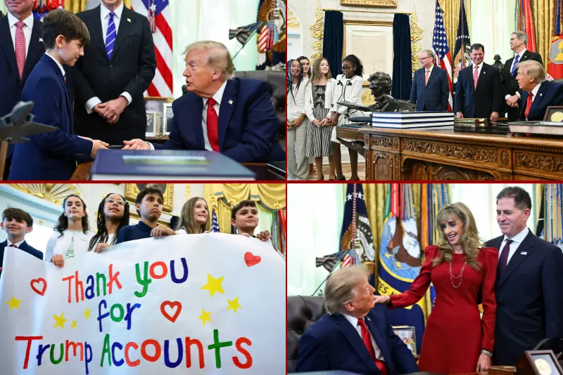The collage of images shows various interactions and events involving a prominent figure, including a child presenting a sign, a group of people gathered around a desk, and a woman in a red dress interacting with the figure.